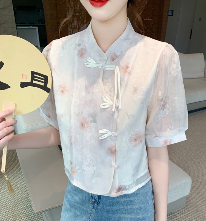 Floral Chinese style shirt short sleeve tops for women