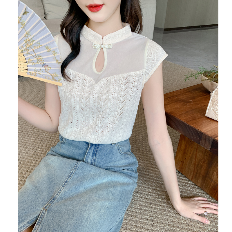 Knitted Chinese style tops summer hollow T-shirt