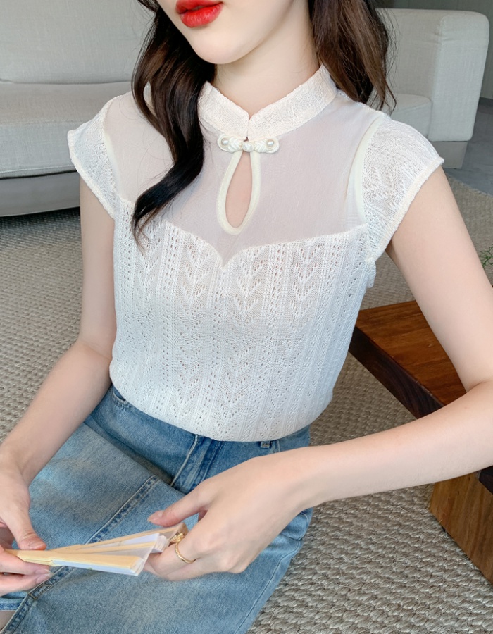 Knitted Chinese style tops summer hollow T-shirt