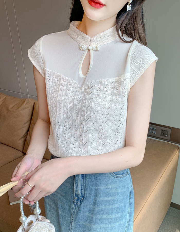 Knitted Chinese style tops summer hollow T-shirt