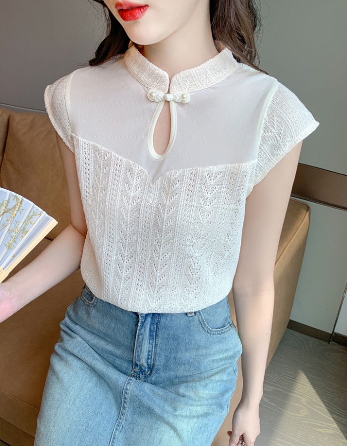 Knitted Chinese style tops summer hollow T-shirt