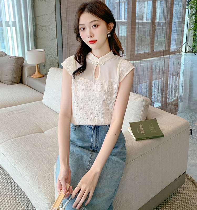 Knitted Chinese style tops summer hollow T-shirt