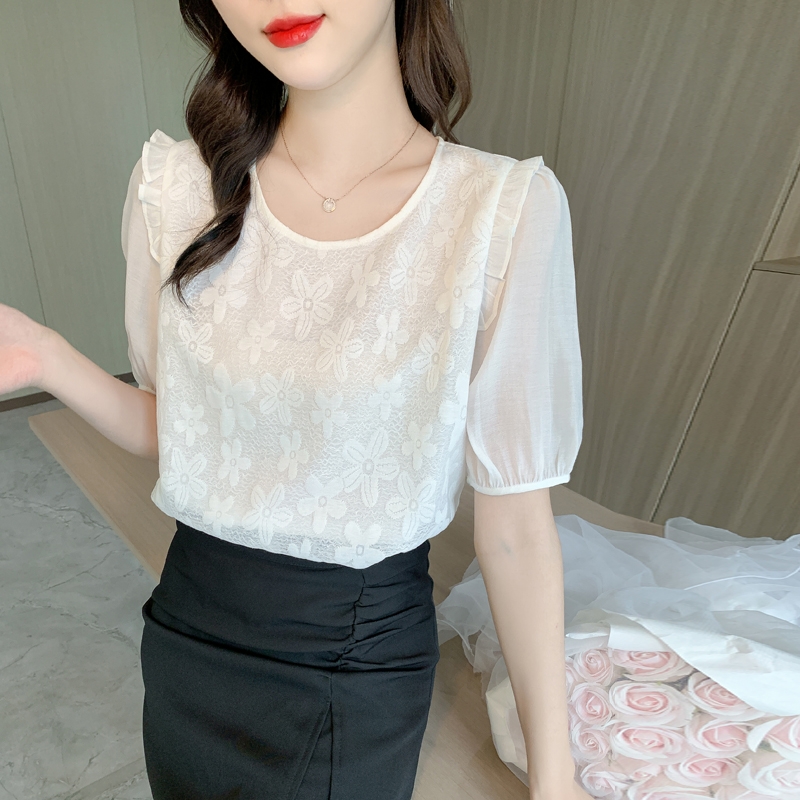 Short sleeve chiffon shirt puff sleeve summer tops for women