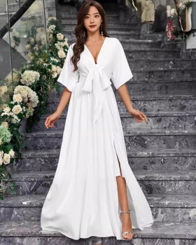 Elegant short sleeve split dress for women