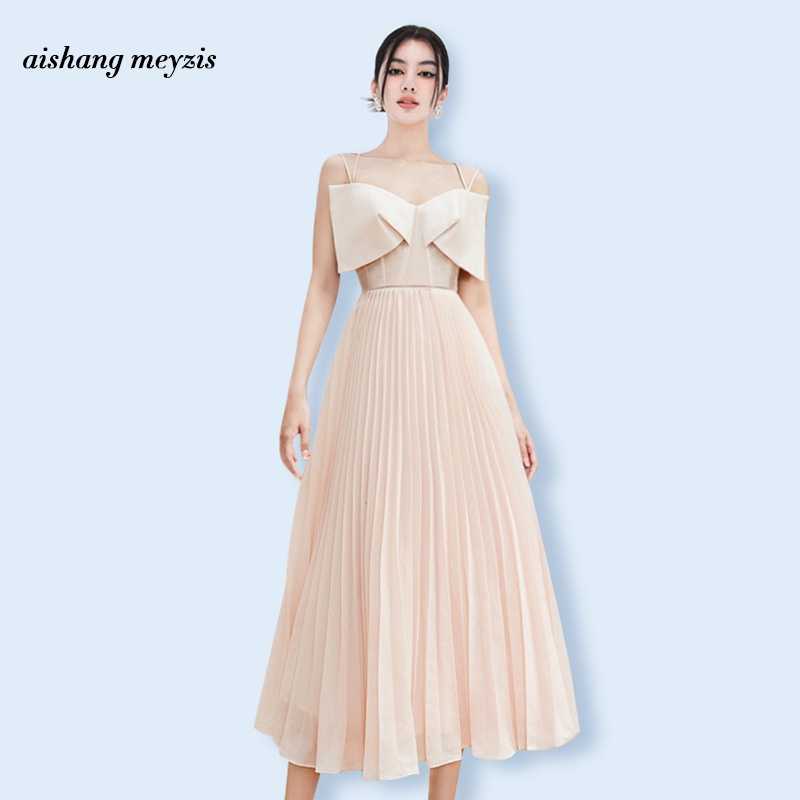 Summer temperament pleated apricot slim sling bow collar dress