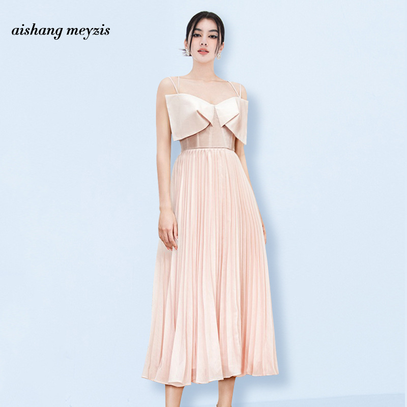 Summer temperament pleated apricot slim sling bow collar dress