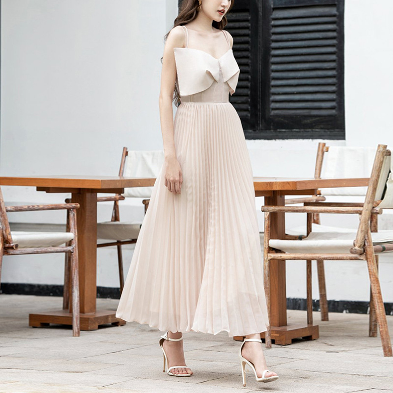 Summer temperament pleated apricot slim sling bow collar dress