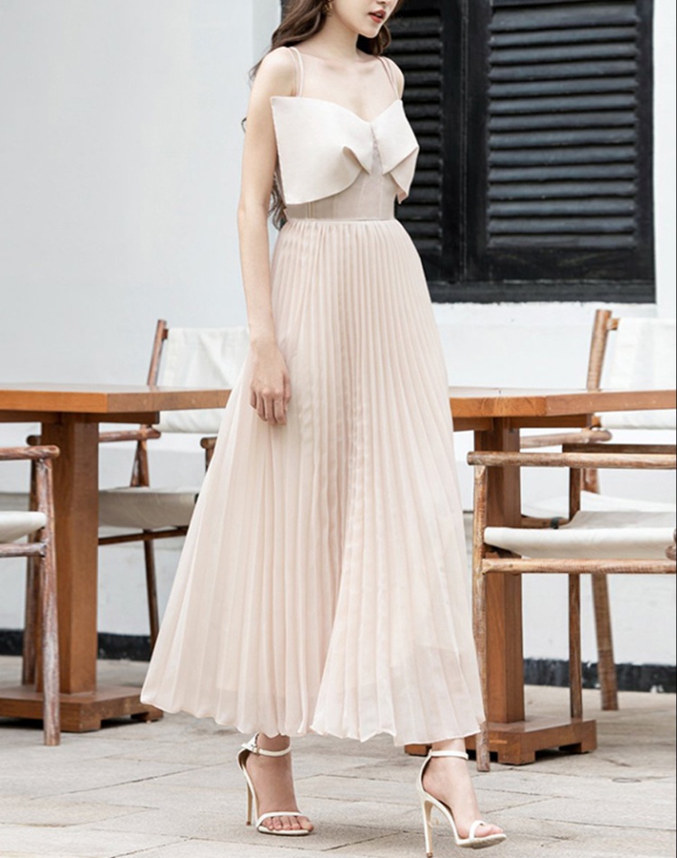 Summer temperament pleated apricot slim sling bow collar dress