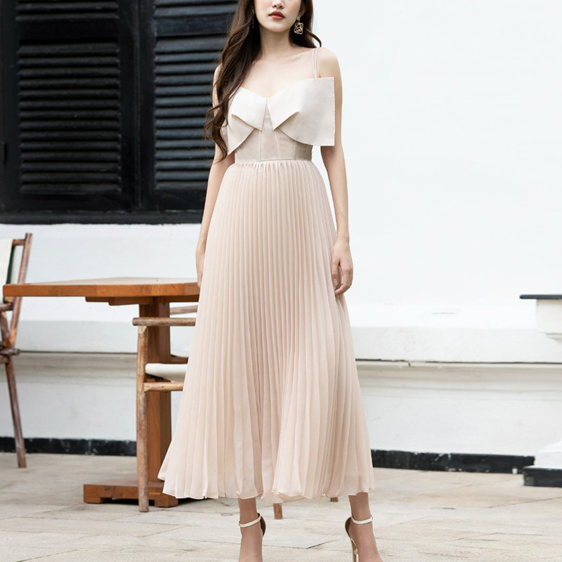 Summer temperament pleated apricot slim sling bow collar dress