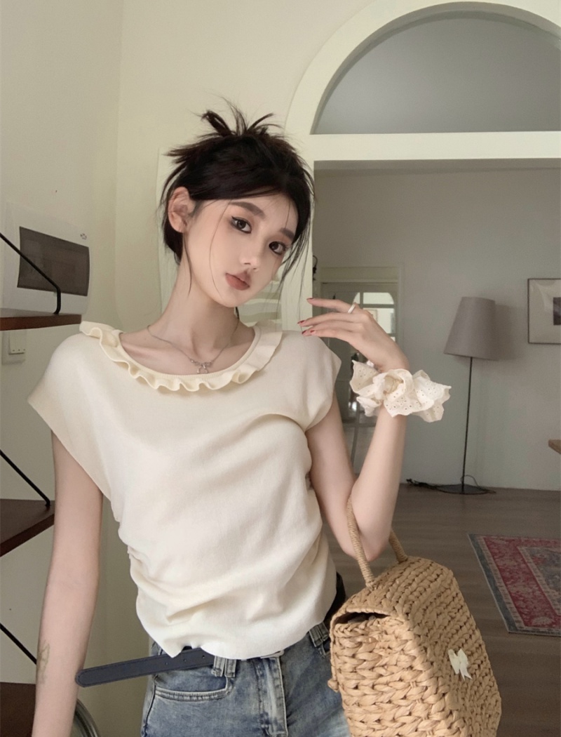 Round neck short sweet wood ear tender short sleeve all-match tops