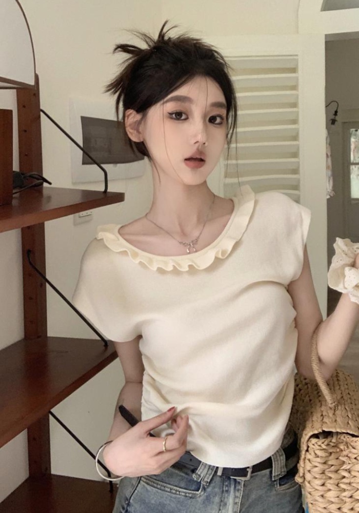 Round neck short sweet wood ear tender short sleeve all-match tops