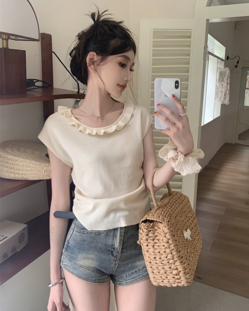 Round neck short sweet wood ear tender short sleeve all-match tops