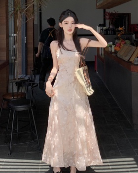 Pink sling slim long dress summer printing dress