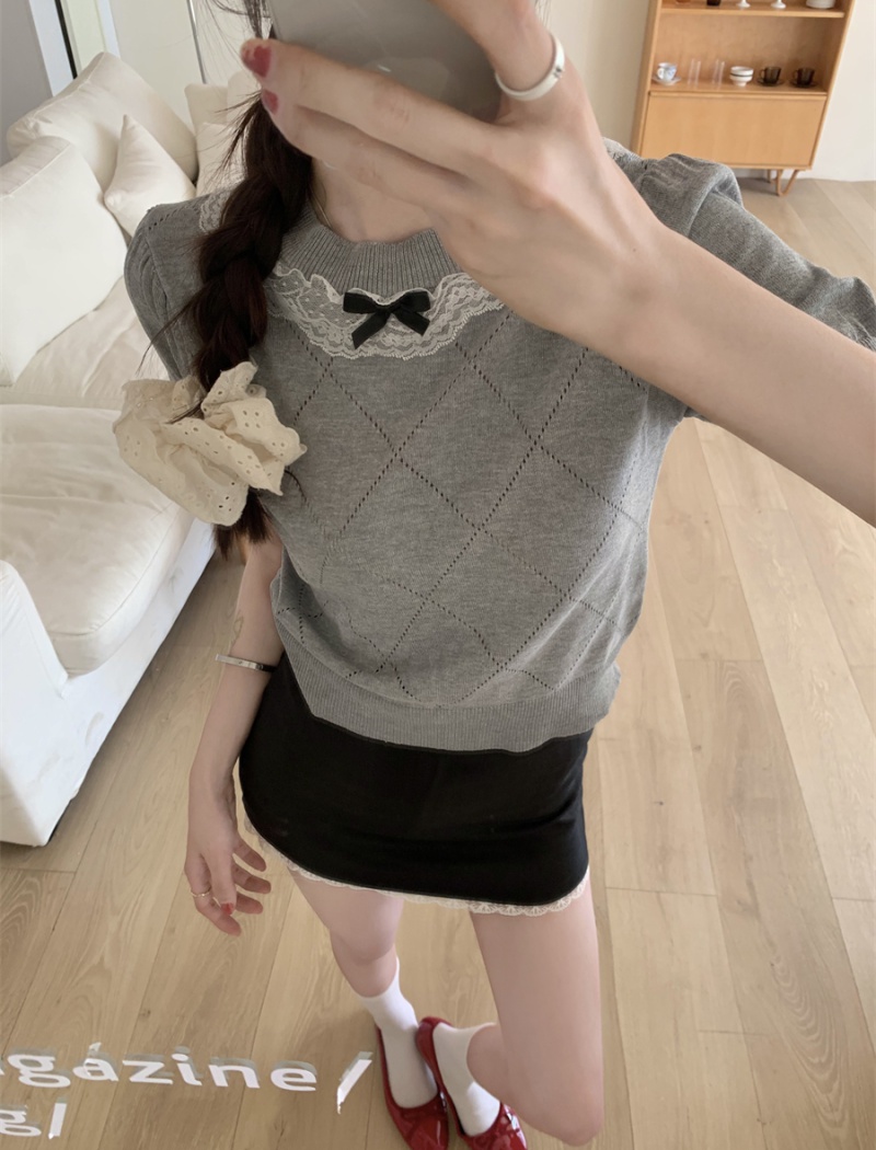 Bow puff sleeve short tops knitted splice lace T-shirt