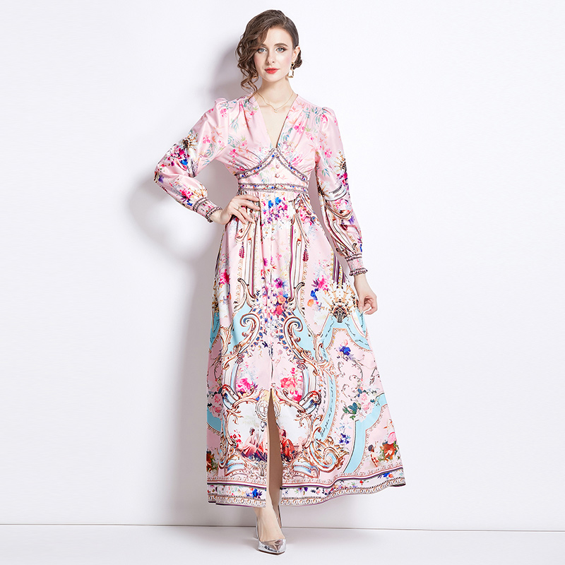 Temperament V-neck dress Western style retro long dress