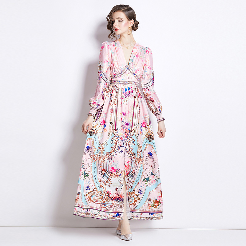 Temperament V-neck dress Western style retro long dress