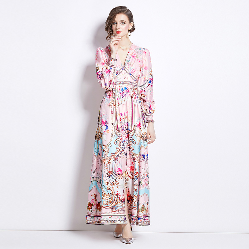 Temperament V-neck dress Western style retro long dress