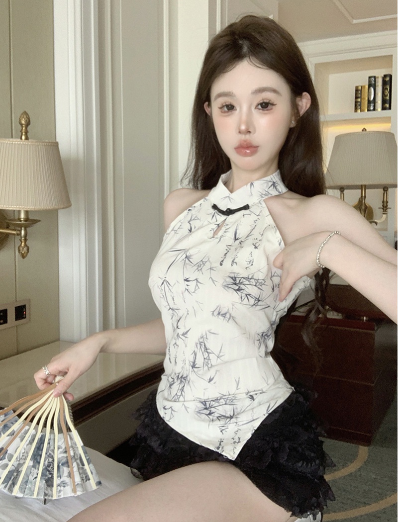 Sling short tops Chinese style halter vest for women