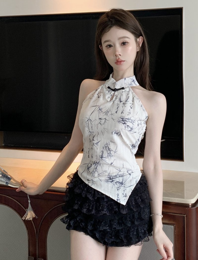 Sling short tops Chinese style halter vest for women