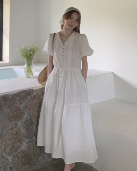 Sweet short sleeve V-neck Korean style long pure dress
