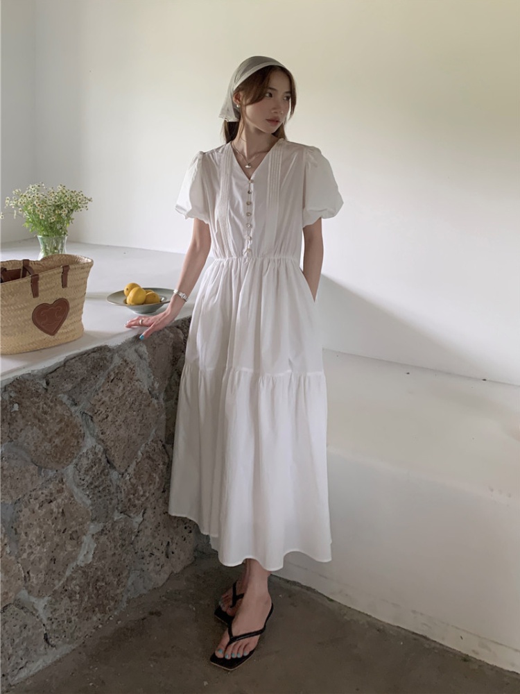 Sweet short sleeve V-neck Korean style long pure dress