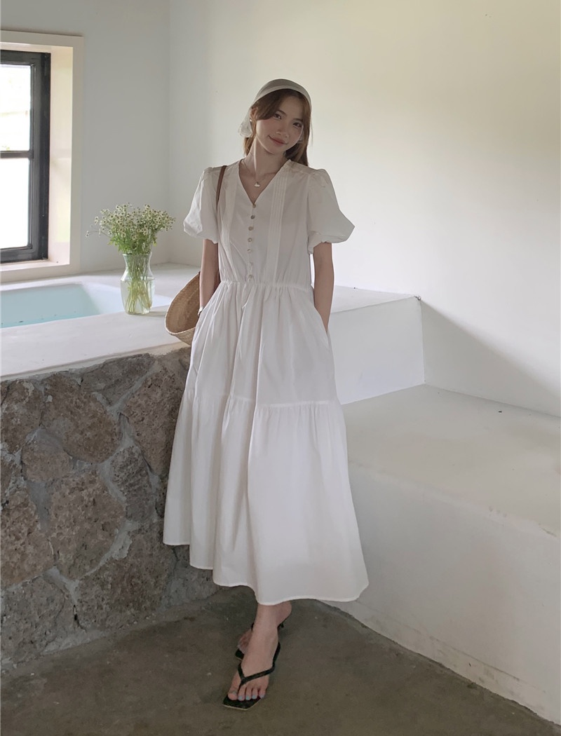 Sweet short sleeve V-neck Korean style long pure dress