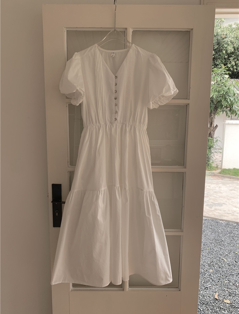 Sweet short sleeve V-neck Korean style long pure dress