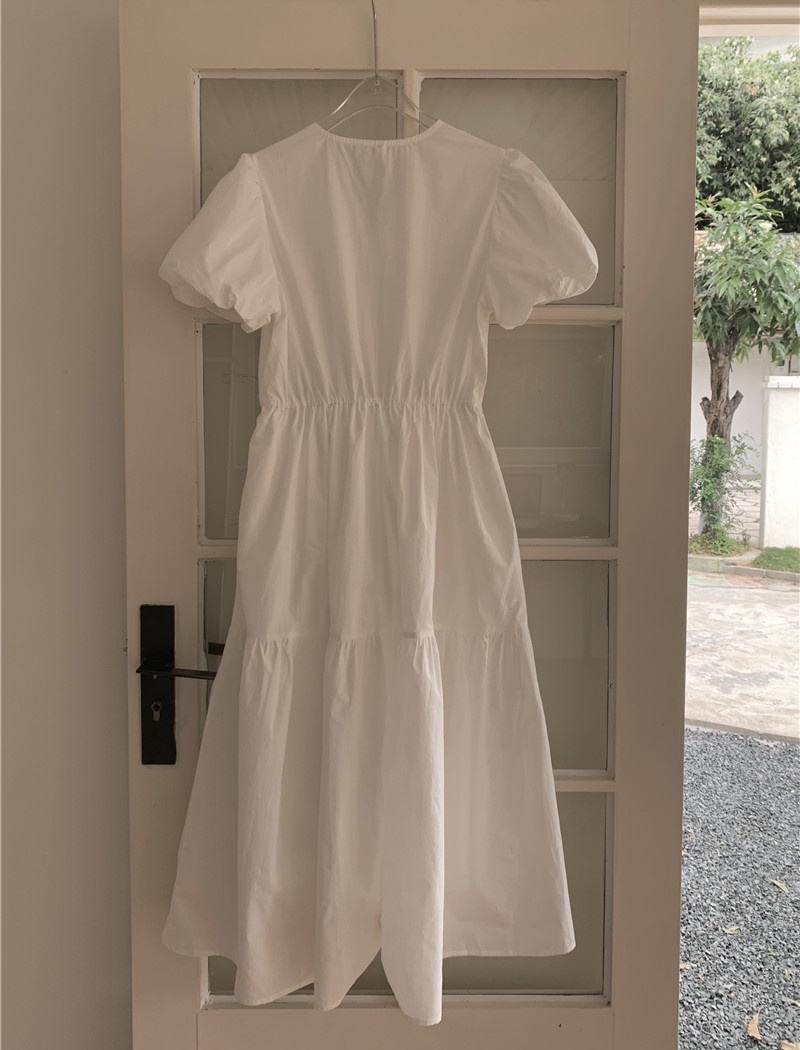 Sweet short sleeve V-neck Korean style long pure dress