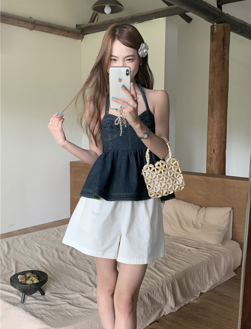 Pure all-match Korean style shorts denim halter frenum tops a set