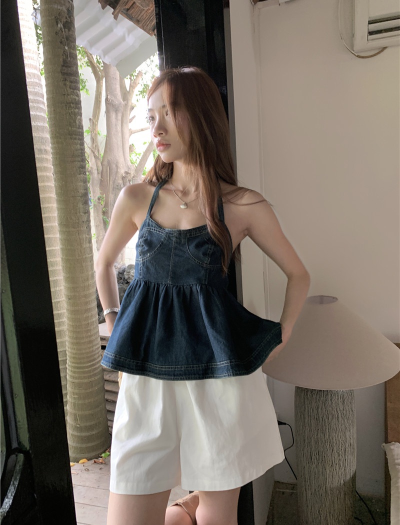 Pure all-match Korean style shorts denim halter frenum tops a set