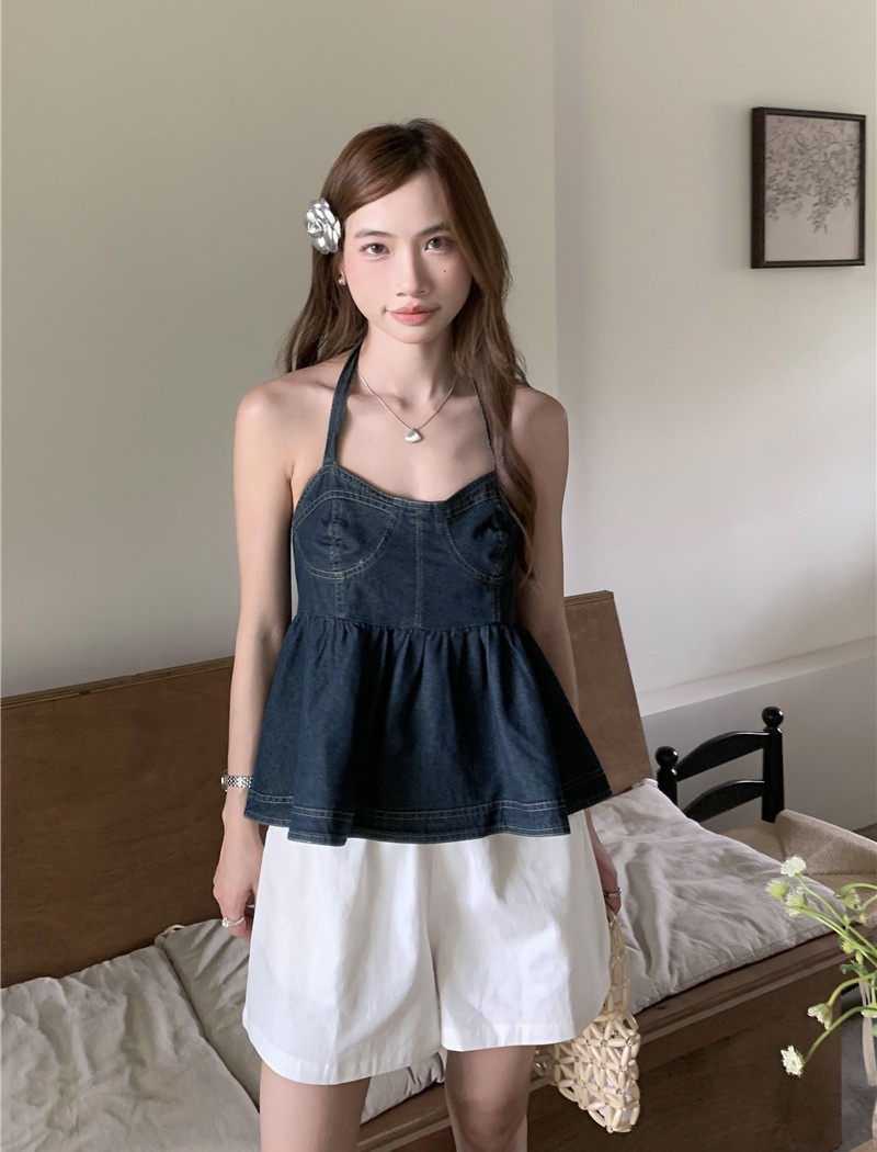 Pure all-match Korean style shorts denim halter frenum tops a set