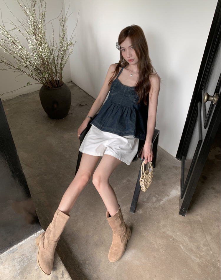 Pure all-match Korean style shorts denim halter frenum tops a set