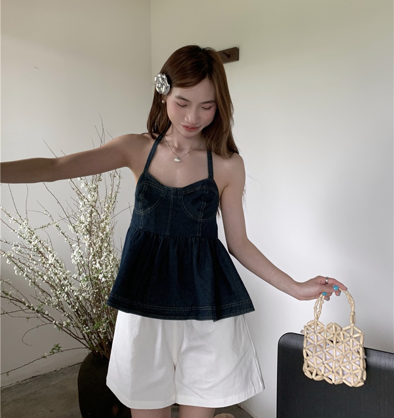 Pure all-match Korean style shorts denim halter frenum tops a set