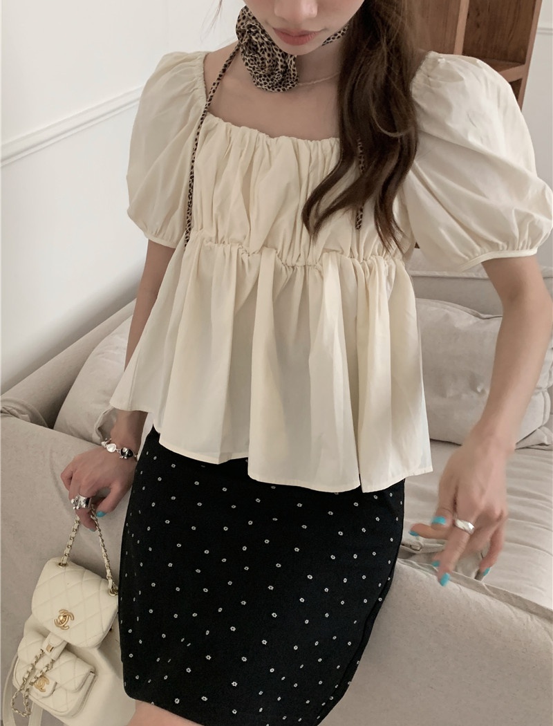 Short lovely puff sleeve Korean style loose pure shirt