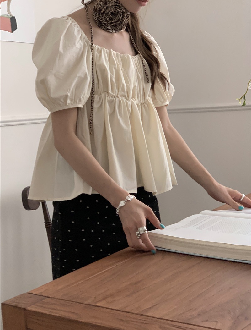 Short lovely puff sleeve Korean style loose pure shirt