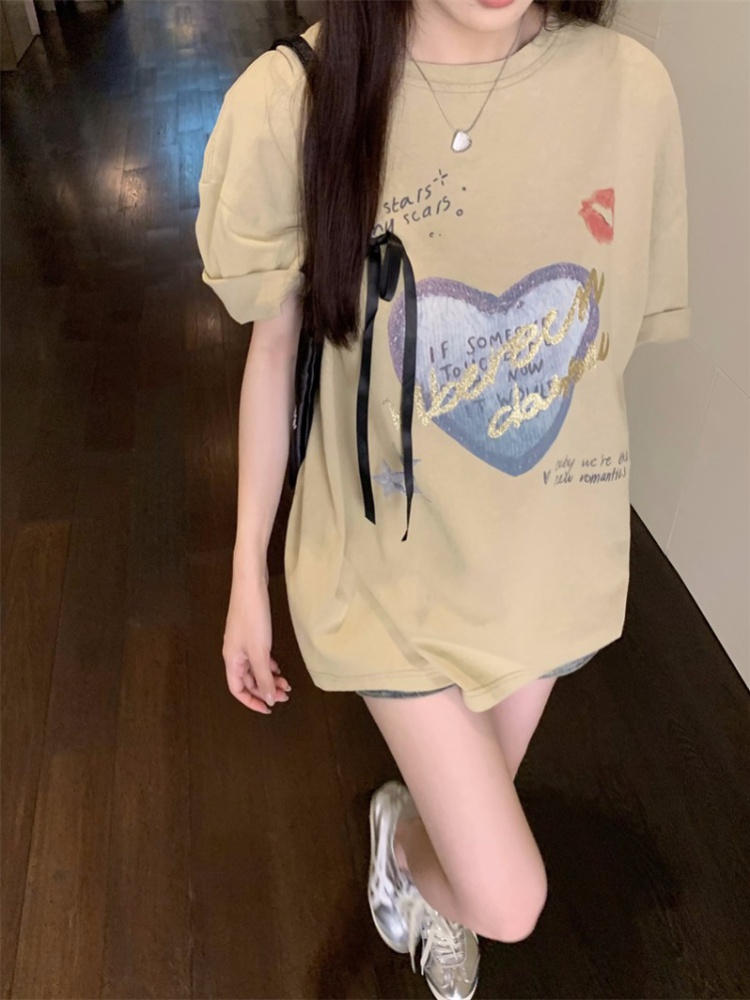 All-match heart bow niche slim printing T-shirt for women