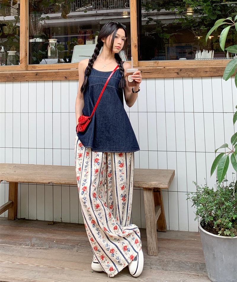 Summer Casual sling vest high waist floral long pants