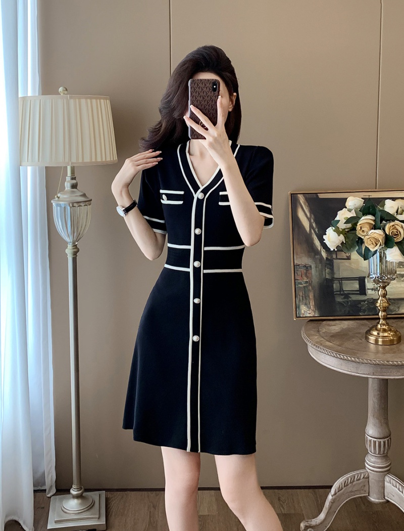 Ice silk chanelstyle short sleeve A-line knitted dress for women