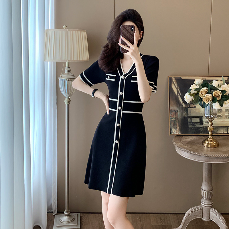 Ice silk chanelstyle short sleeve A-line knitted dress for women