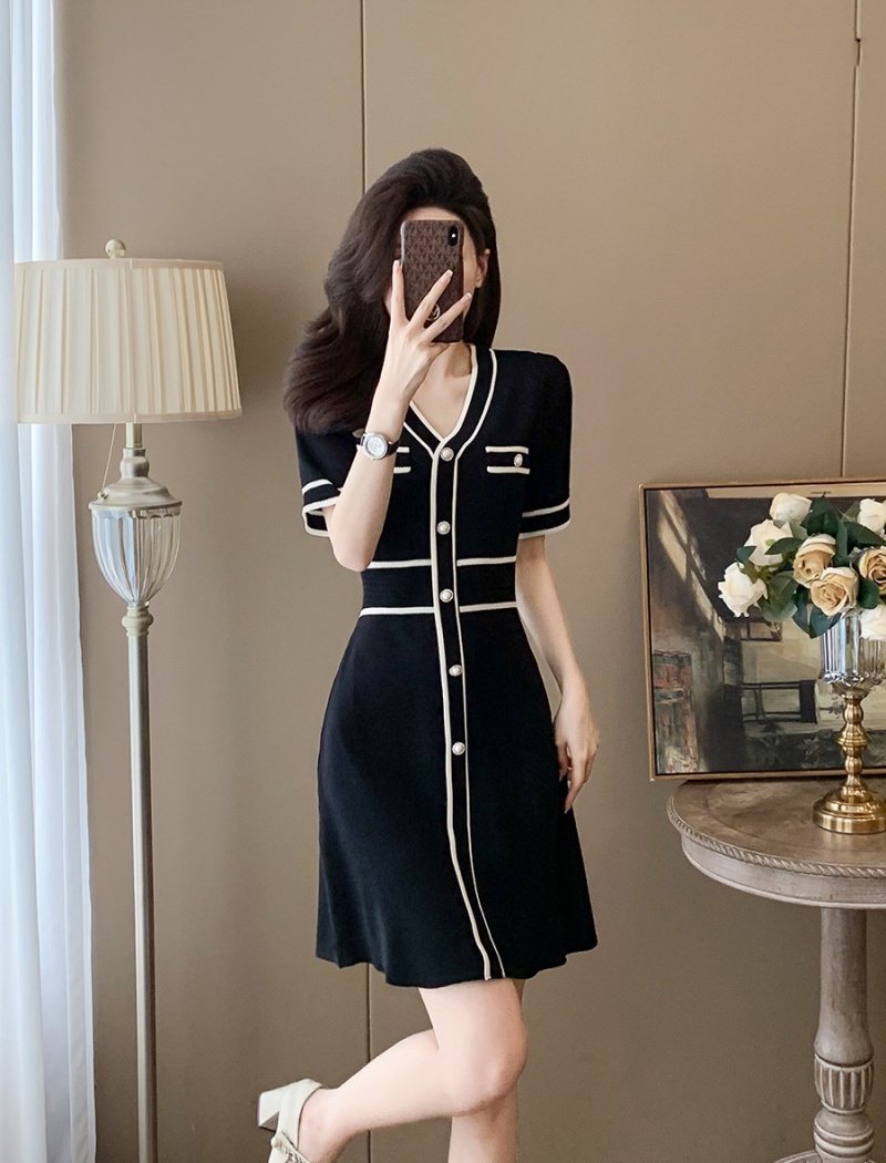 Ice silk chanelstyle short sleeve A-line knitted dress for women