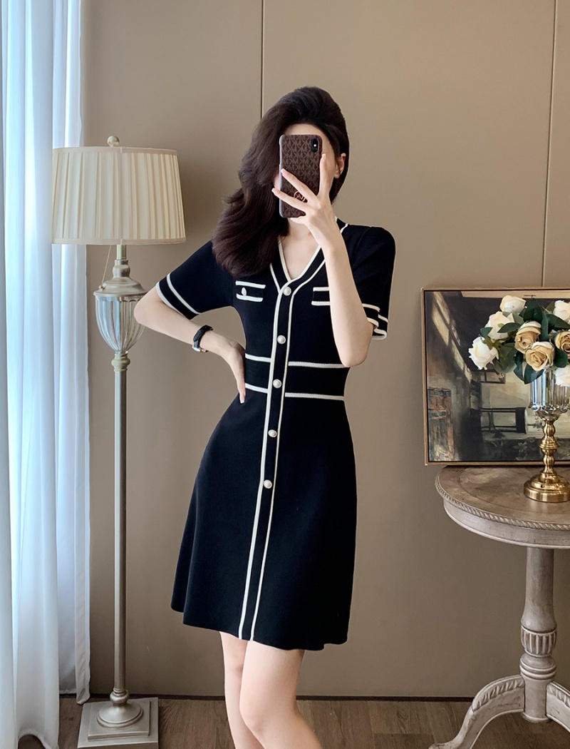 Ice silk chanelstyle short sleeve A-line knitted dress for women