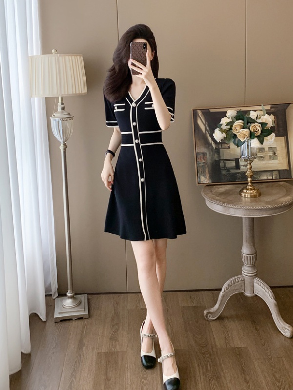 Ice silk chanelstyle short sleeve A-line knitted dress for women