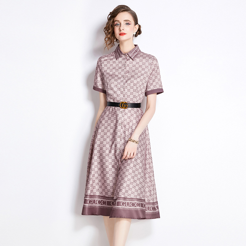 Short sleeve printing dress pinched waist with belt cardigan