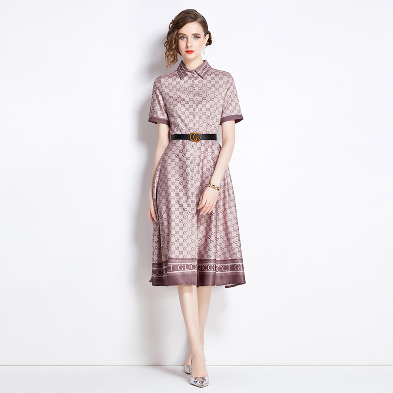 Short sleeve printing dress pinched waist with belt cardigan