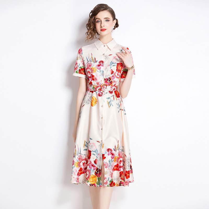 All-match printing dress pinched waist cardigan