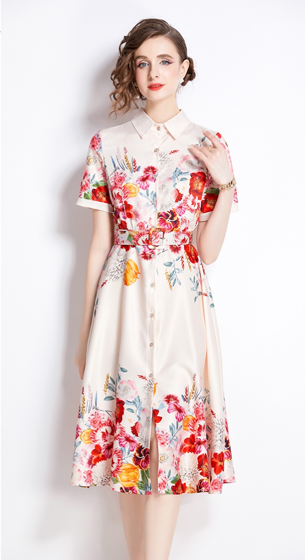 All-match printing dress pinched waist cardigan