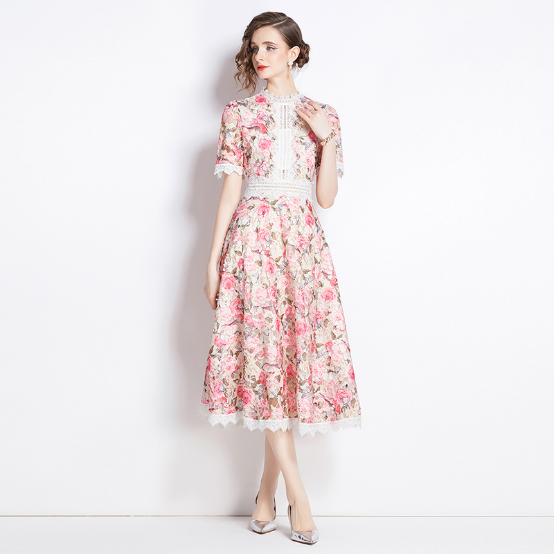 Elegant retro summer formal dress pinched waist splice dress