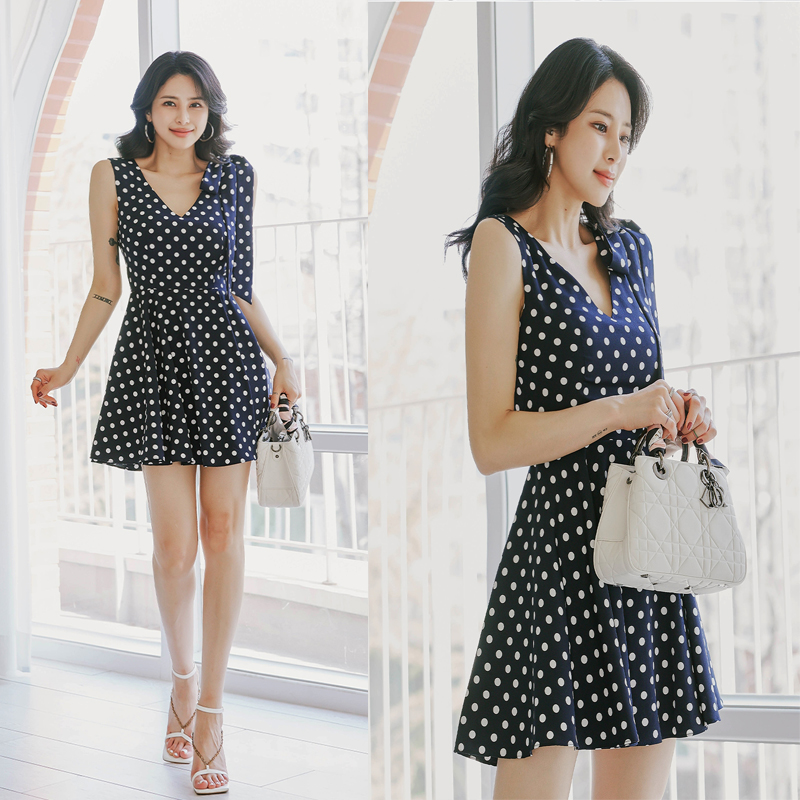 Frenum tender polka dot Korean style bow dress