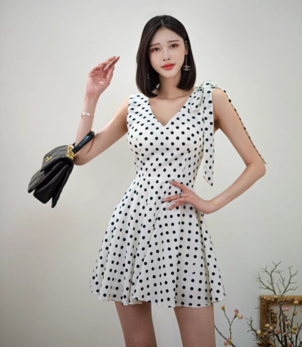 Frenum tender polka dot Korean style bow dress