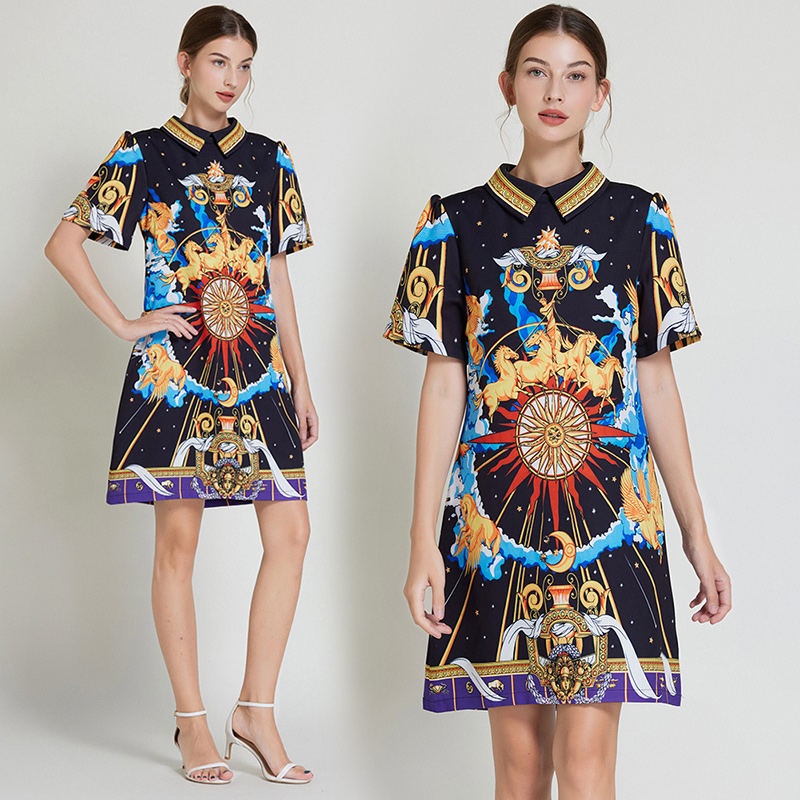 Summer printing short sleeve A-line slim temperament dress